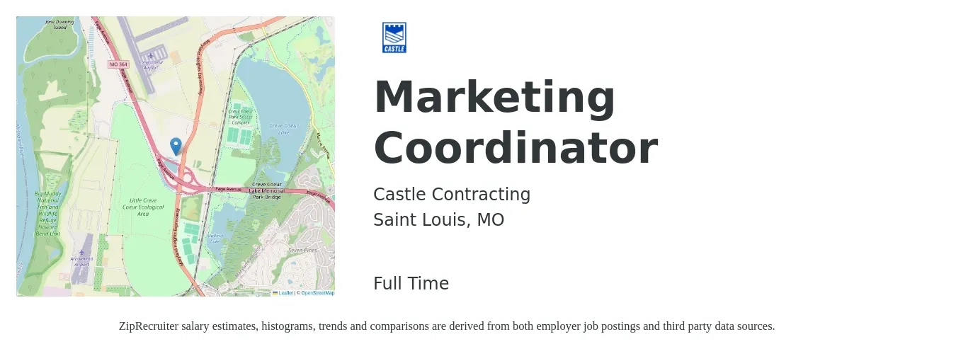Castle Contracting job posting for a Marketing Coordinator in Saint Louis, MO with a salary of $25,000 Monthly with a map of Saint Louis location.