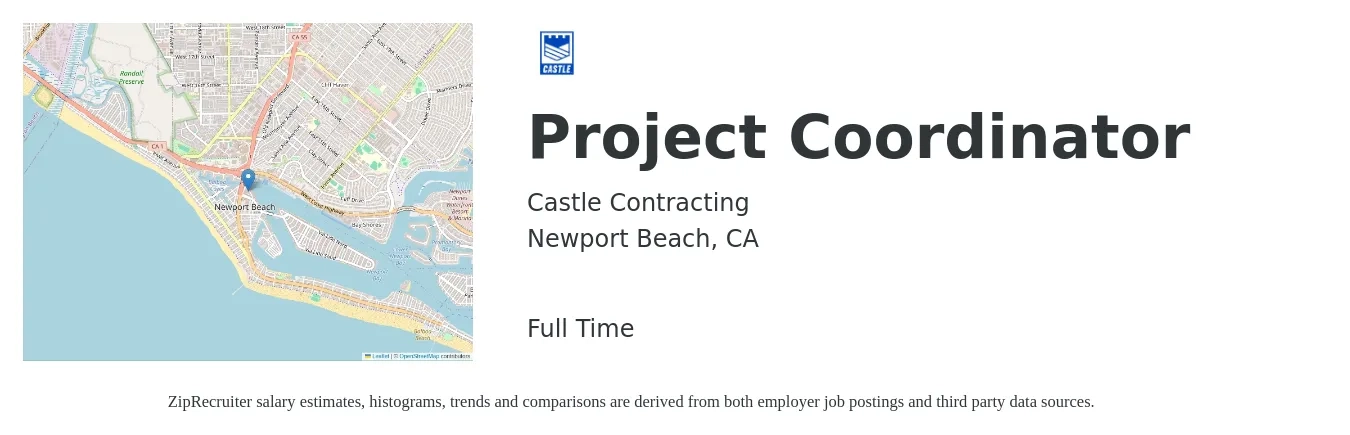 Castle Contracting job posting for a Project Coordinator in Newport Beach, CA with a salary of $25 to $37 Hourly with a map of Newport Beach location.