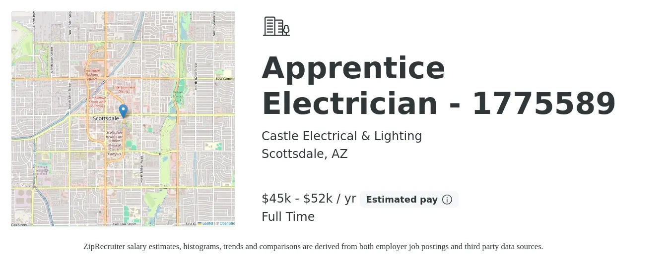 Castle Electrical & Lighting job posting for a Apprentice Electrician - 1775589 in Scottsdale, AZ with a salary of $45,000 to $52,000 Yearly with a map of Scottsdale location.