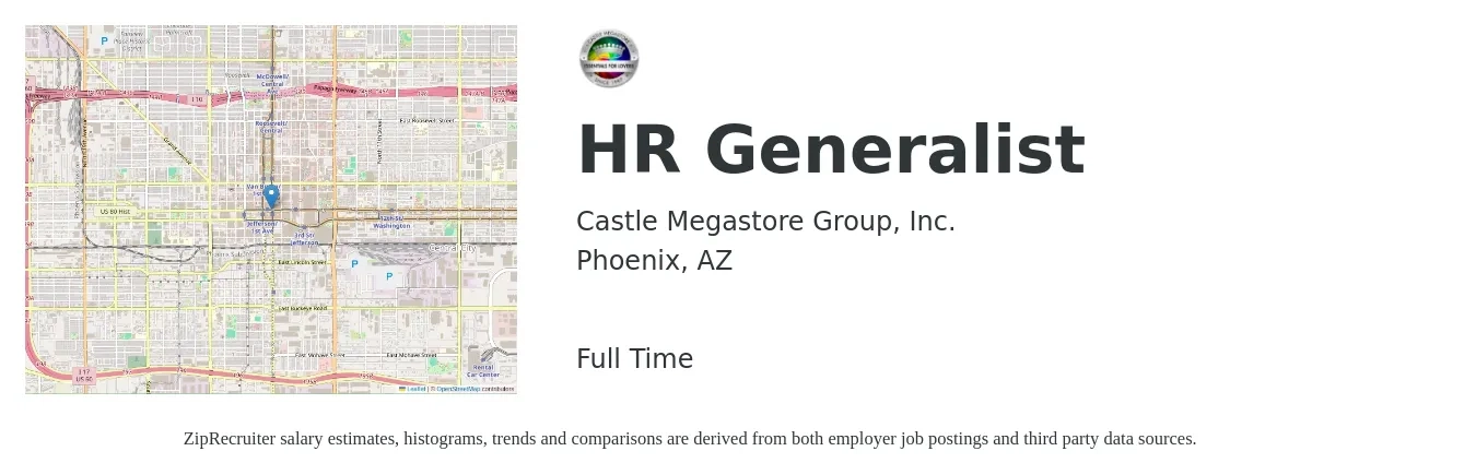 Castle Megastore Group, Inc. job posting for a HR Generalist in Phoenix, AZ with a salary of $48,700 to $69,300 Yearly with a map of Phoenix location.