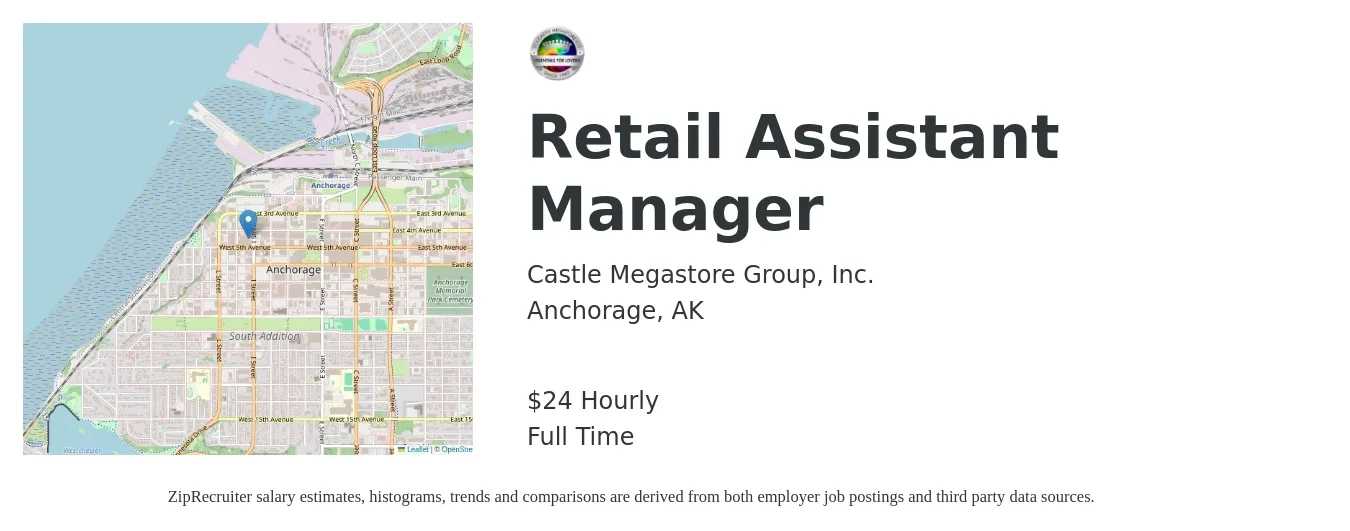 Castle Megastore Group, Inc. job posting for a Retail Assistant Manager in Anchorage, AK with a salary of $17 to $23 Hourly with a map of Anchorage location.