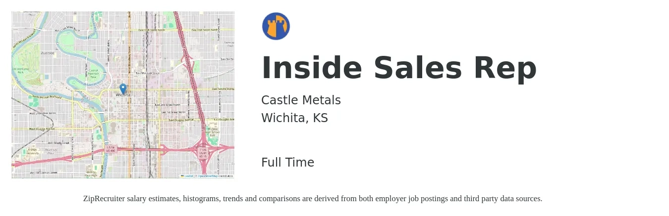 Castle Metals job posting for a Inside Sales Rep in Wichita, KS with a salary of $35,300 to $52,800 Yearly with a map of Wichita location.