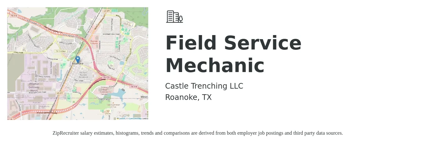 Castle Trenching LLC job posting for a Field Service Mechanic in Roanoke, TX with a salary of $24 to $33 Hourly with a map of Roanoke location.