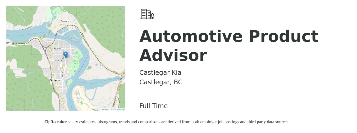 Castlegar Kia job posting for a Automotive Product Advisor in Castlegar, BC with a map of Castlegar location.