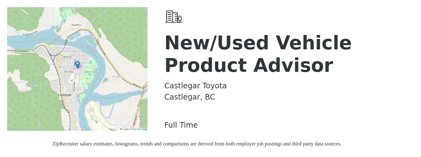 Castlegar Toyota job posting for a New/Used Vehicle Product Advisor in Castlegar, BC with a map of Castlegar location.