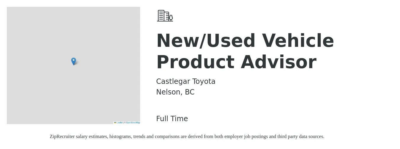 Castlegar Toyota job posting for a New/Used Vehicle Product Advisor in Nelson, BC with a map of Nelson location.