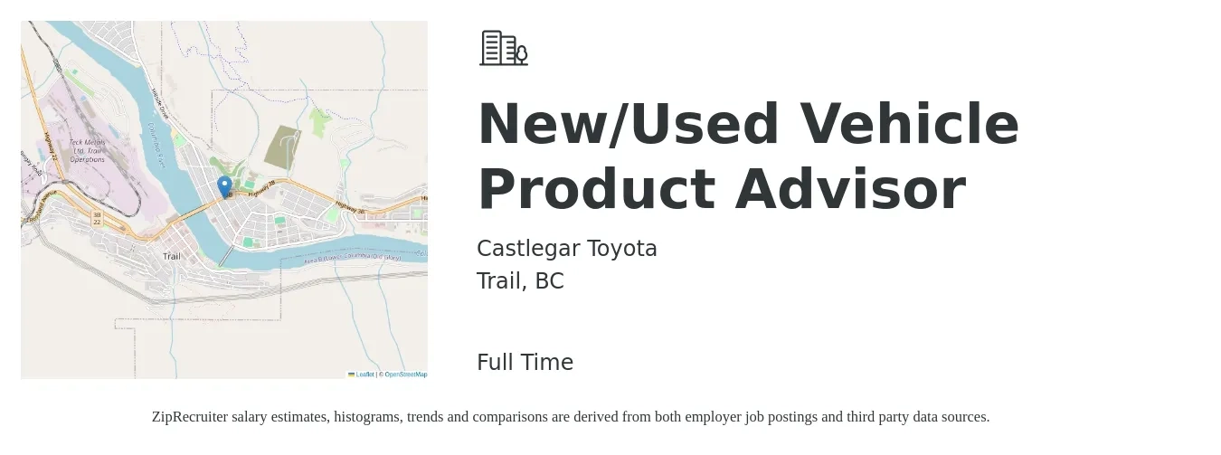 Castlegar Toyota job posting for a New/Used Vehicle Product Advisor in Trail, BC with a map of Trail location.