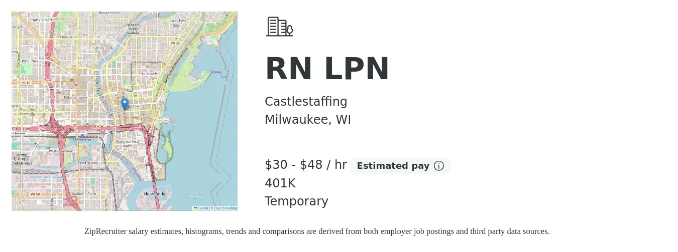 Castlestaffing job posting for a RN LPN in Milwaukee, WI with a salary of $32 to $50 Hourly and benefits including 401k with a map of Milwaukee location.