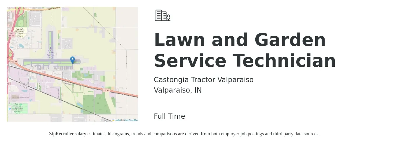 Castongia Tractor Valparaiso job posting for a Lawn and Garden Service Technician in Valparaiso, IN with a salary of $20 to $28 Hourly with a map of Valparaiso location.