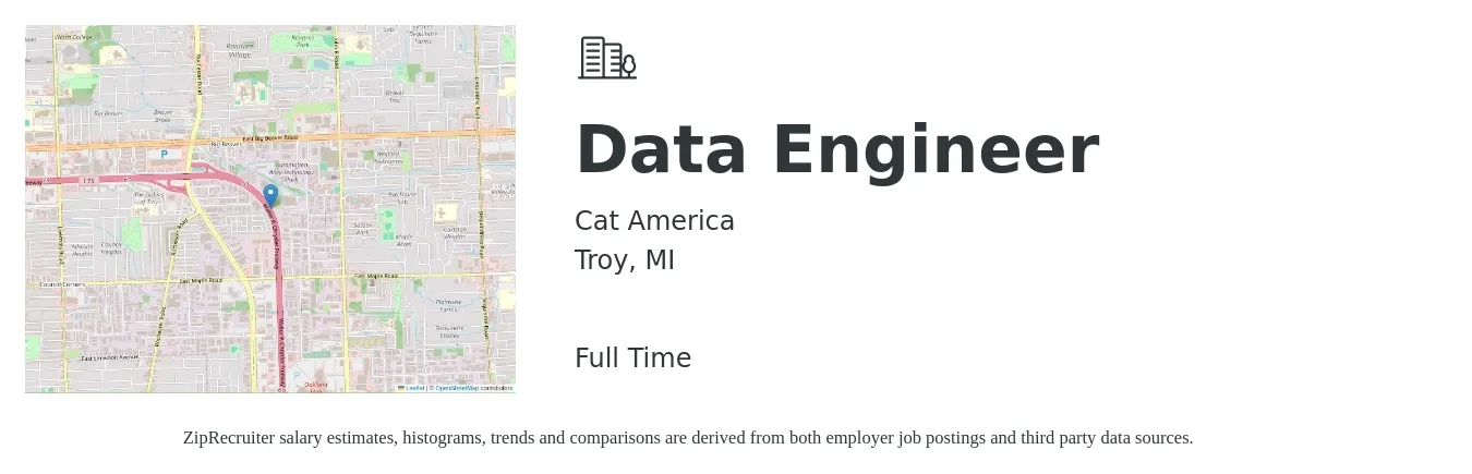 Cat America job posting for a Data Engineer in Troy, MI with a salary of $107,900 to $129,500 Yearly with a map of Troy location.