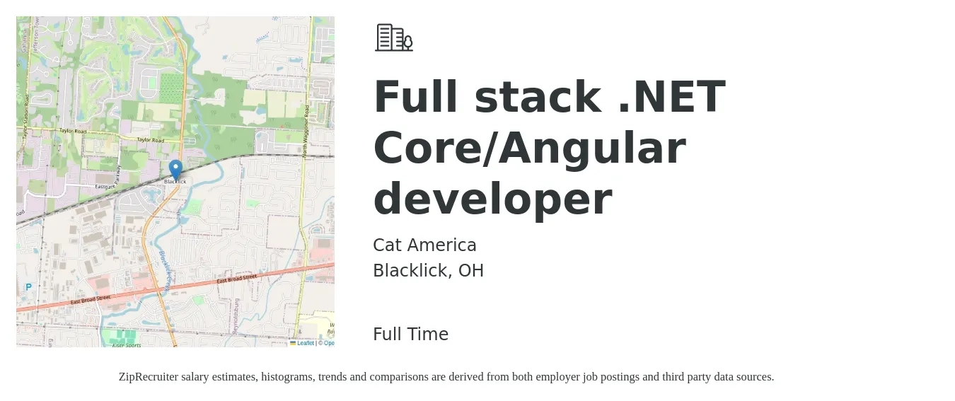 Cat America job posting for a Full stack .NET Core/Angular developer in Blacklick, OH with a salary of $50 to $68 Hourly with a map of Blacklick location.