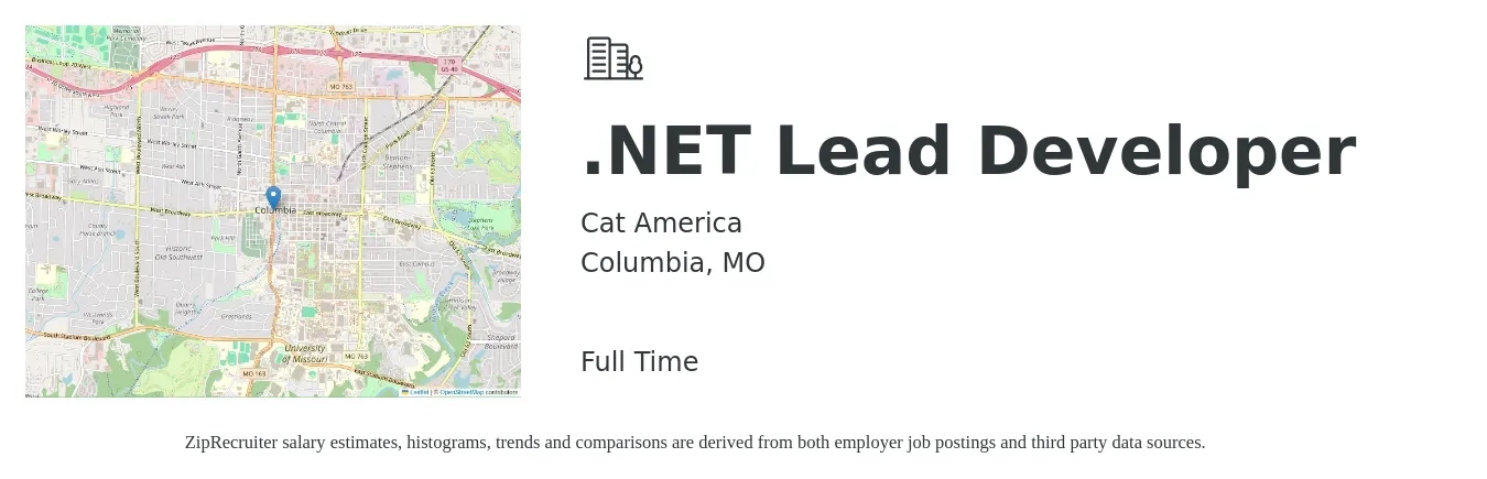 Cat America job posting for a .NET Lead Developer in Columbia, MO with a salary of $50 to $71 Hourly with a map of Columbia location.