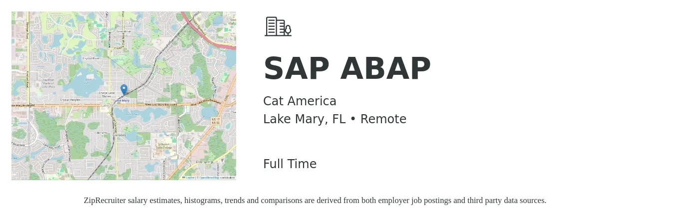 Cat America job posting for a SAP ABAP in Lake Mary, FL with a salary of $54 to $73 Hourly with a map of Lake Mary location.