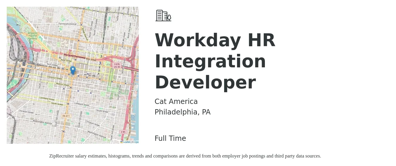 Cat America job posting for a Workday HR Integration Developer in Philadelphia, PA with a salary of $51 to $67 Hourly with a map of Philadelphia location.