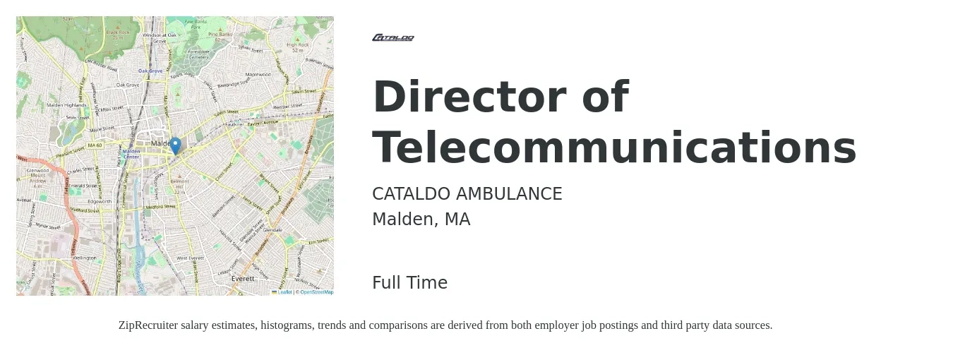 CATALDO AMBULANCE job posting for a Director of Telecommunications in Malden, MA with a salary of $77,200 to $131,400 Yearly with a map of Malden location.