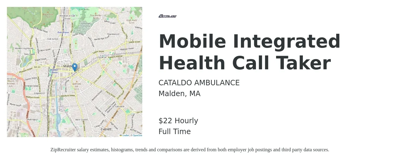 CATALDO AMBULANCE job posting for a Mobile Integrated Health Call Taker in Malden, MA with a salary of $23 Hourly with a map of Malden location.