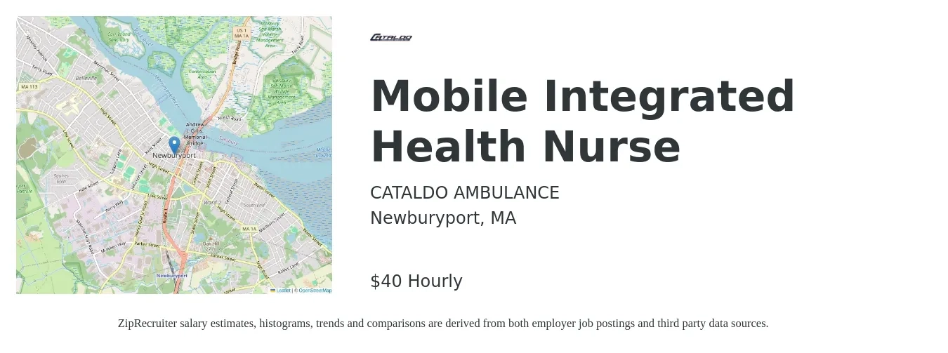 CATALDO AMBULANCE job posting for a Mobile Integrated Health Nurse in Newburyport, MA with a salary of $42 Hourly with a map of Newburyport location.
