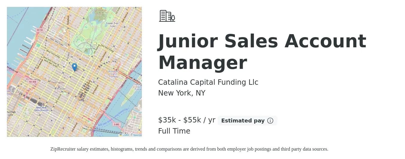 Catalina Capital Funding Llc job posting for a Junior Sales Account Manager in New York, NY with a salary of $35,000 to $55,000 Yearly (plus commission) with a map of New York location.