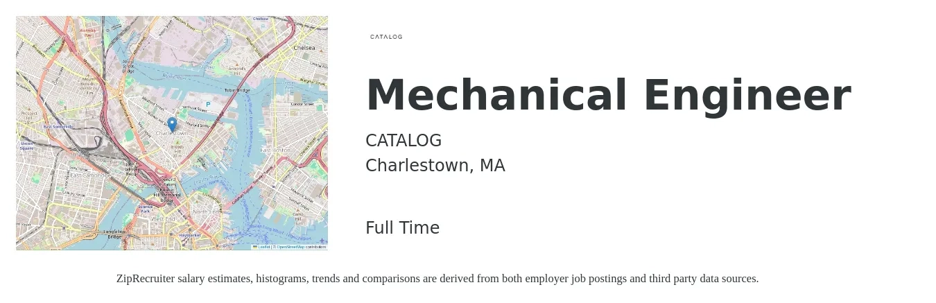 CATALOG job posting for a Mechanical Engineer in Charlestown, MA with a salary of $88,700 to $137,600 Yearly with a map of Charlestown location.