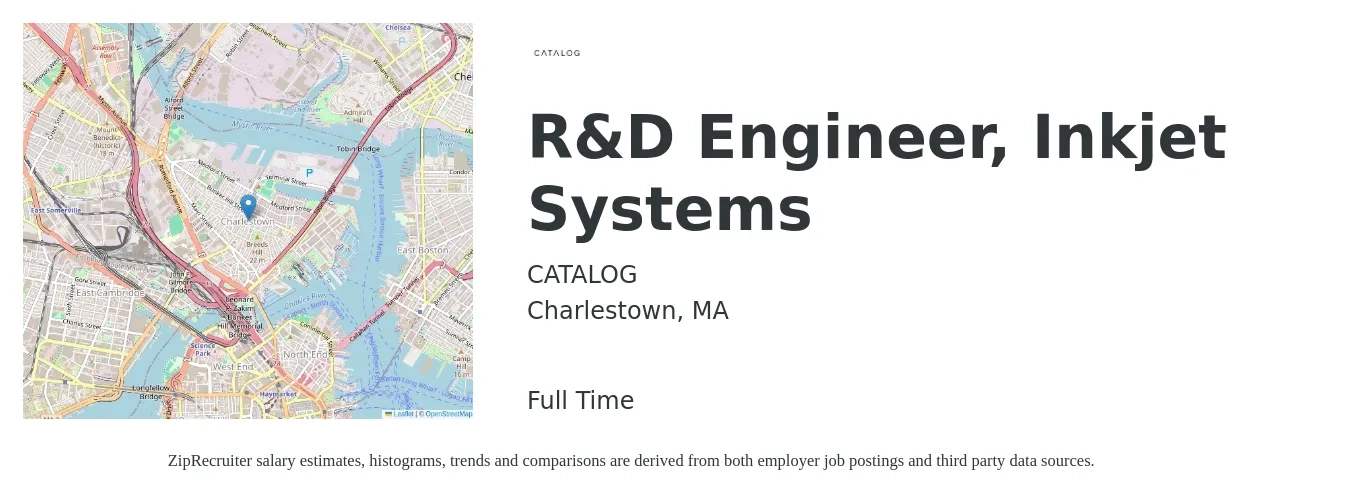 CATALOG job posting for a R&D Engineer, Inkjet Systems in Charlestown, MA with a salary of $130,500 to $190,400 Yearly with a map of Charlestown location.