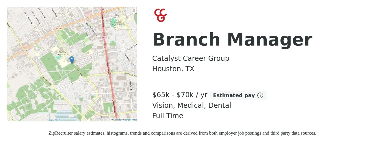 Catalyst Career Group job posting for a Branch Manager in Houston, TX with a salary of $65,000 to $70,000 Yearly and benefits including dental, life_insurance, medical, pto, retirement, and vision with a map of Houston location.