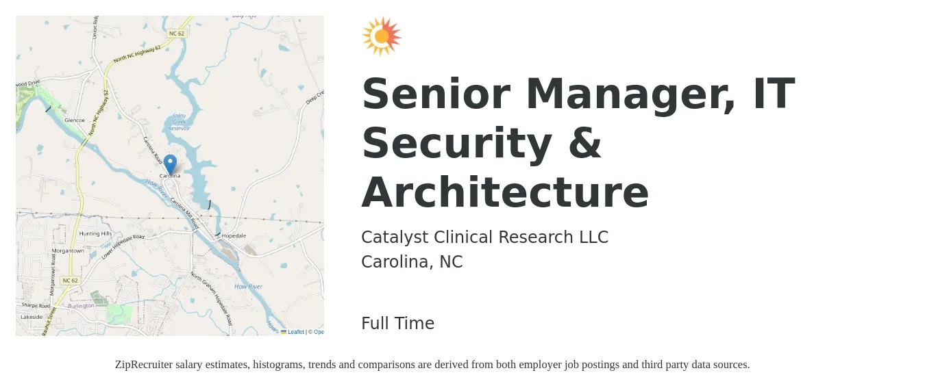 Catalyst Clinical Research LLC job posting for a Senior Manager, IT Security & Architecture in Carolina, NC with a salary of $86,700 to $129,800 Yearly with a map of Carolina location.