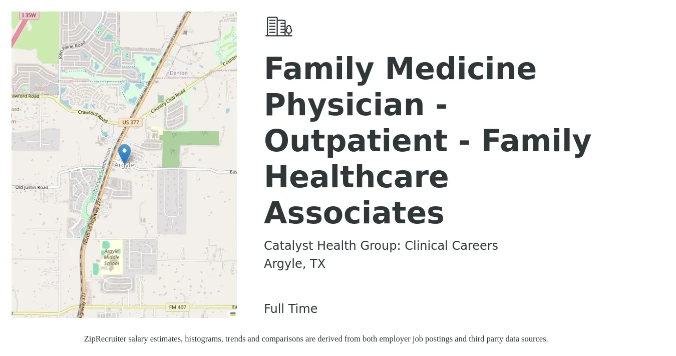 Catalyst Health Group: Clinical Careers job posting for a Family Medicine Physician - Outpatient - Family Healthcare Associates in Argyle, TX with a salary of $123,000 to $238,400 Yearly with a map of Argyle location.