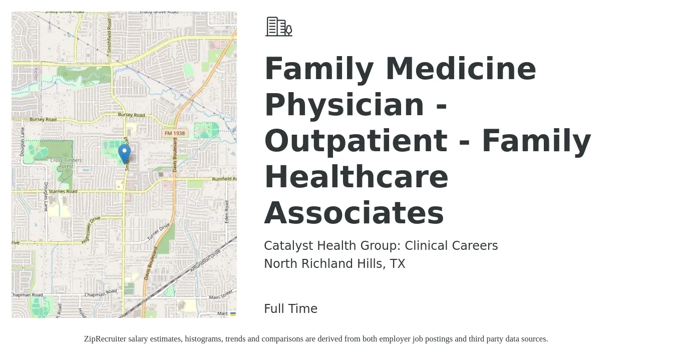 Catalyst Health Group: Clinical Careers job posting for a Family Medicine Physician - Outpatient - Family Healthcare Associates in North Richland Hills, TX with a salary of $112,400 to $217,900 Yearly with a map of North Richland Hills location.