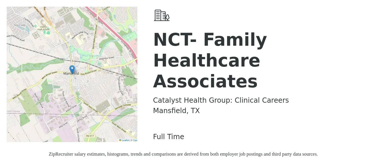 Catalyst Health Group: Clinical Careers job posting for a NCT- Family Healthcare Associates in Mansfield, TX with a salary of $19 to $20 Hourly with a map of Mansfield location.
