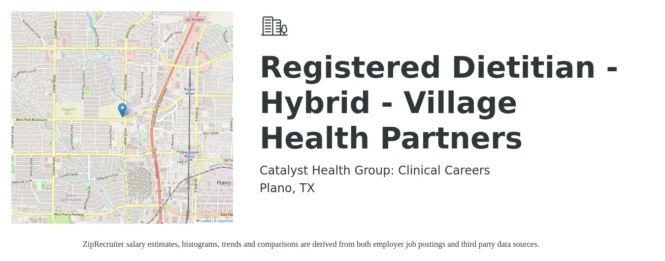 Catalyst Health Group: Clinical Careers job posting for a Registered Dietitian - Hybrid - Village Health Partners in Plano, TX with a salary of $60,000 to $70,000 Yearly with a map of Plano location.