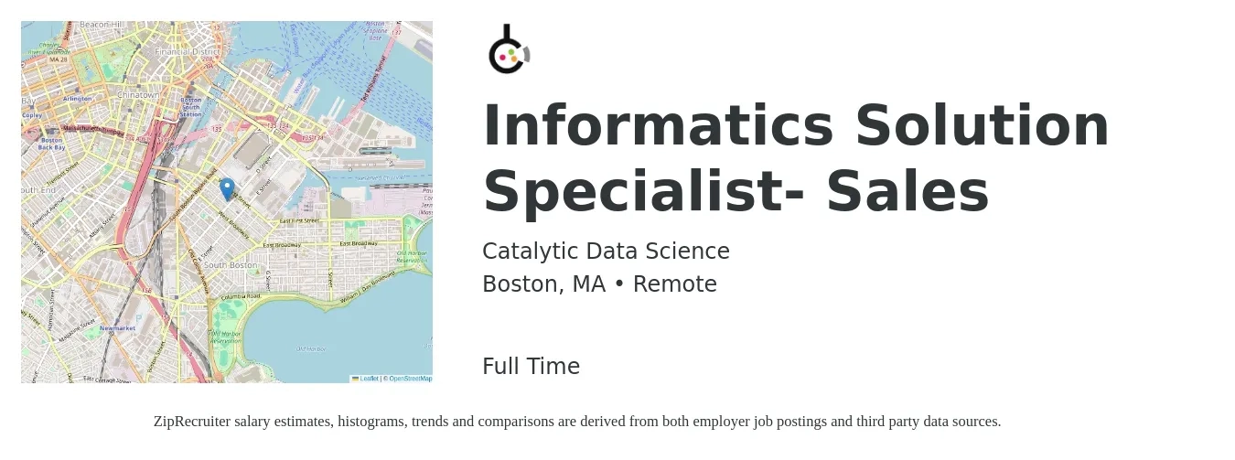 Catalytic Data Science job posting for a Informatics Solution Specialist- Sales in Boston, MA with a salary of $21 to $44 Hourly with a map of Boston location.
