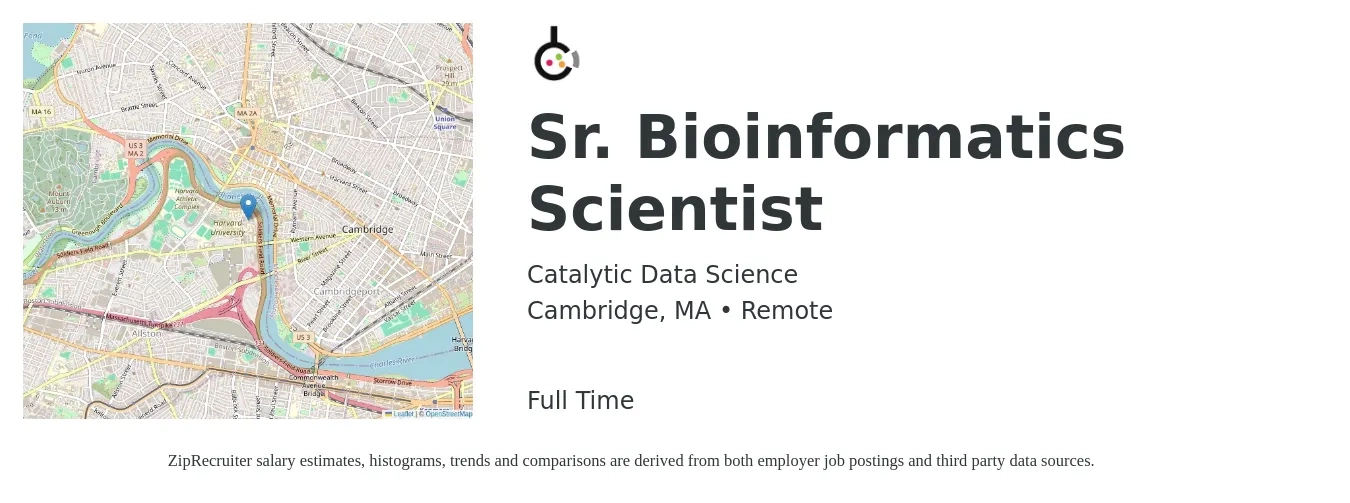 Catalytic Data Science job posting for a Sr. Bioinformatics Scientist in Cambridge, MA with a salary of $62,500 to $149,500 Yearly with a map of Cambridge location.