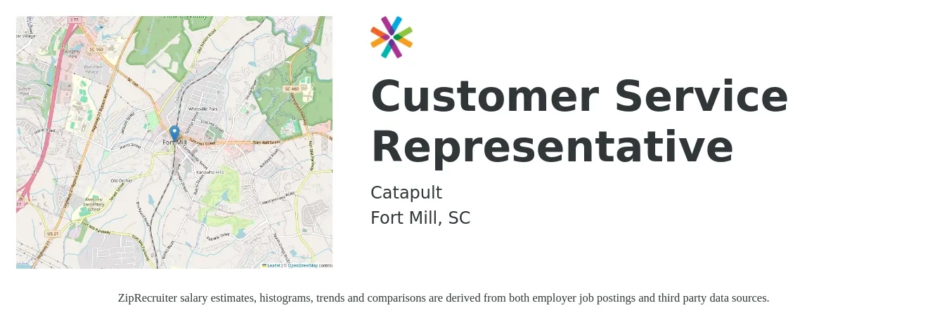 Catapult job posting for a Customer Service Representative in Fort Mill, SC with a salary of $14 to $19 Hourly with a map of Fort Mill location.