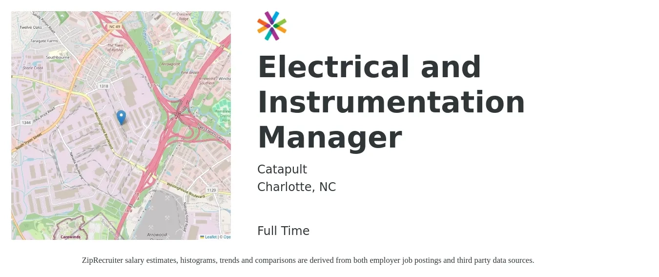 Catapult job posting for a Electrical and Instrumentation Manager in Charlotte, NC with a salary of $92,400 to $119,100 Yearly with a map of Charlotte location.