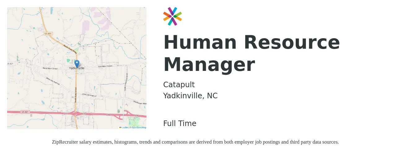 Catapult job posting for a Human Resource Manager in Yadkinville, NC with a salary of $62,200 to $90,200 Yearly with a map of Yadkinville location.