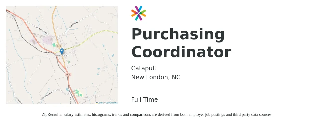 Catapult job posting for a Purchasing Coordinator in New London, NC with a salary of $20 to $27 Hourly with a map of New London location.