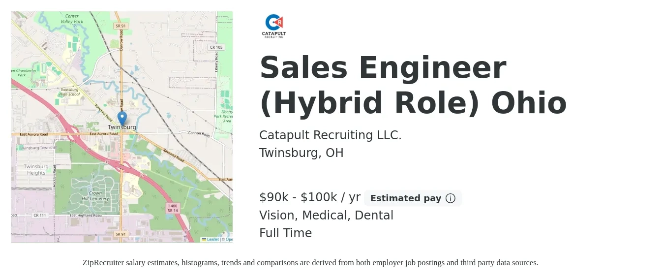 Catapult Recruiting LLC. job posting for a Sales Engineer (Hybrid Role) Ohio in Twinsburg, OH with a salary of $90,000 to $100,000 Yearly and benefits including dental, medical, retirement, and vision with a map of Twinsburg location.