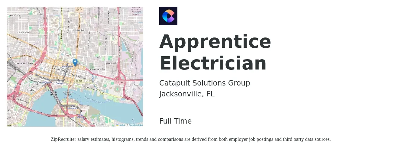Catapult Solutions Group job posting for a Apprentice Electrician in Jacksonville, FL with a salary of $17 to $24 Hourly with a map of Jacksonville location.