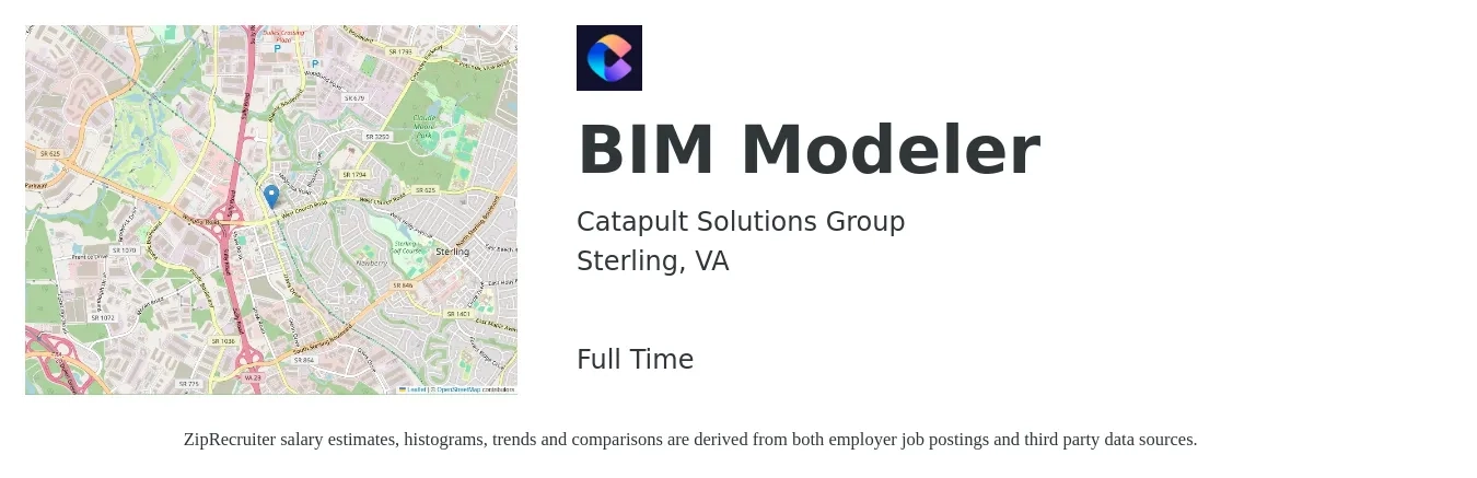 Catapult Solutions Group job posting for a BIM Modeler in Sterling, VA with a salary of $33 to $46 Hourly with a map of Sterling location.