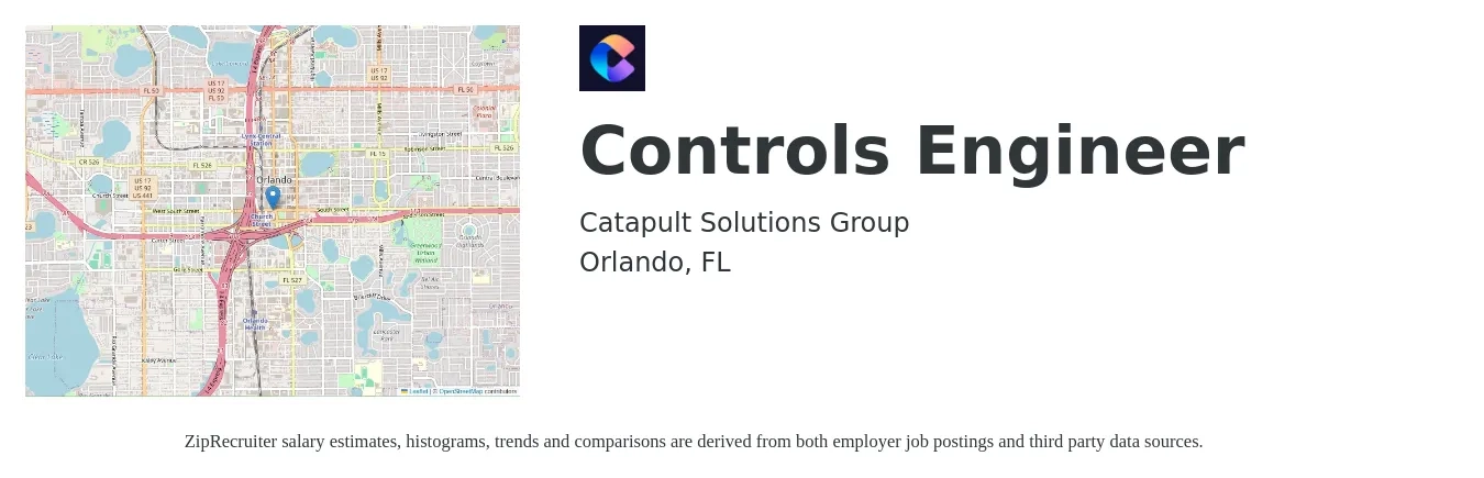 Catapult Solutions Group job posting for a Controls Engineer in Orlando, FL with a salary of $78,100 to $101,000 Yearly with a map of Orlando location.