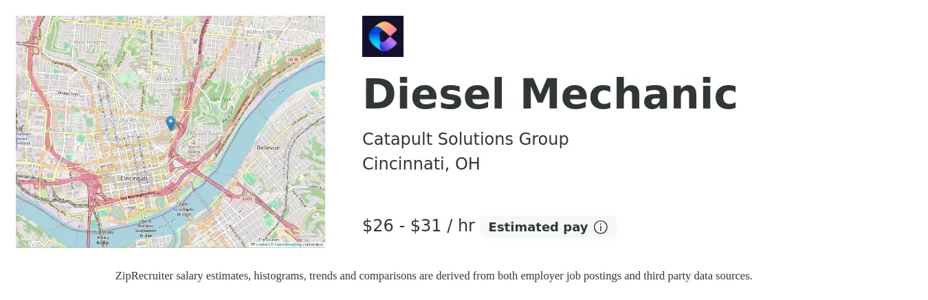 Catapult Solutions Group job posting for a Diesel Mechanic in Cincinnati, OH with a salary of $28 to $33 Hourly with a map of Cincinnati location.