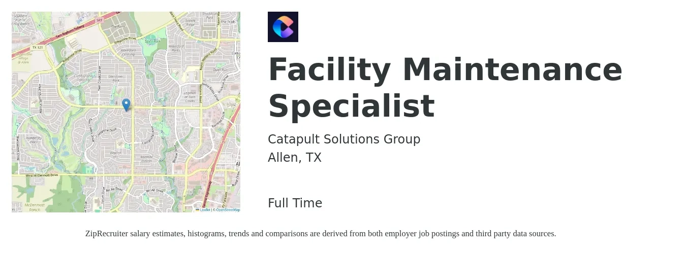 Catapult Solutions Group job posting for a Facility Maintenance Specialist in Allen, TX with a salary of $19 to $26 Hourly with a map of Allen location.