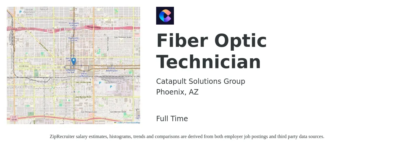 Catapult Solutions Group job posting for a Fiber Optic Technician in Phoenix, AZ with a salary of $22 to $32 Hourly with a map of Phoenix location.