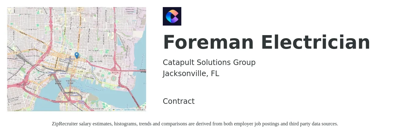 Catapult Solutions Group job posting for a Foreman Electrician in Jacksonville, FL with a salary of $28 to $43 Hourly with a map of Jacksonville location.