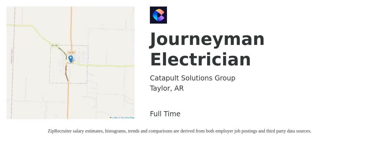 Catapult Solutions Group job posting for a Journeyman Electrician in Taylor, AR with a salary of $26 to $36 Hourly with a map of Taylor location.