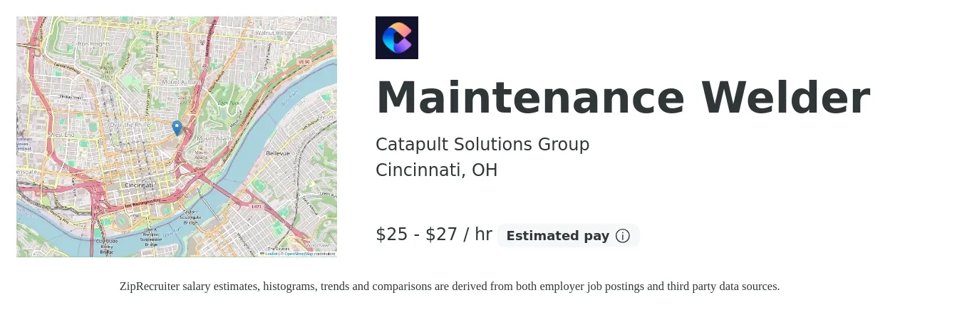 Catapult Solutions Group job posting for a Maintenance Welder in Cincinnati, OH with a salary of $21 to $26 Hourly with a map of Cincinnati location.