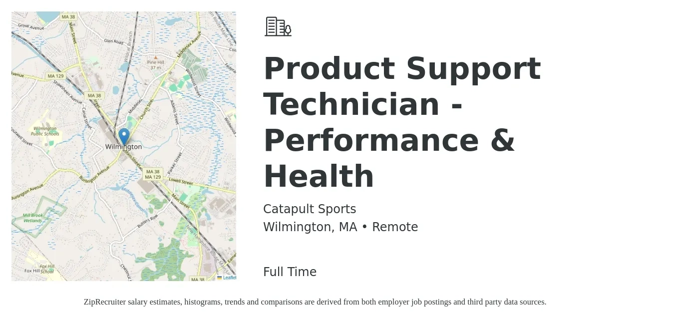 Catapult Sports job posting for a Product Support Technician - Performance & Health in Wilmington, MA with a salary of $15 to $31 Hourly with a map of Wilmington location.