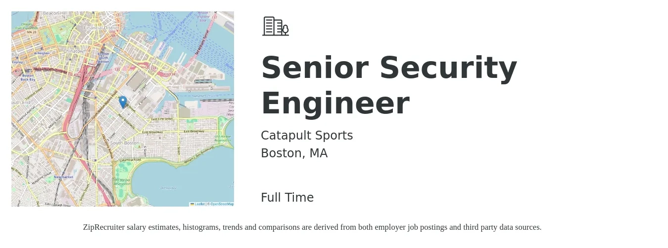 Catapult Sports job posting for a Senior Security Engineer in Boston, MA with a salary of $124,400 to $170,600 Yearly with a map of Boston location.