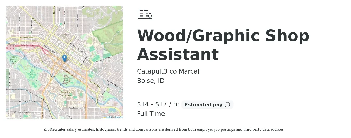 Catapult3 co Marcal job posting for a Wood/Graphic Shop Assistant in Boise, ID with a salary of $15 to $18 Hourly with a map of Boise location.