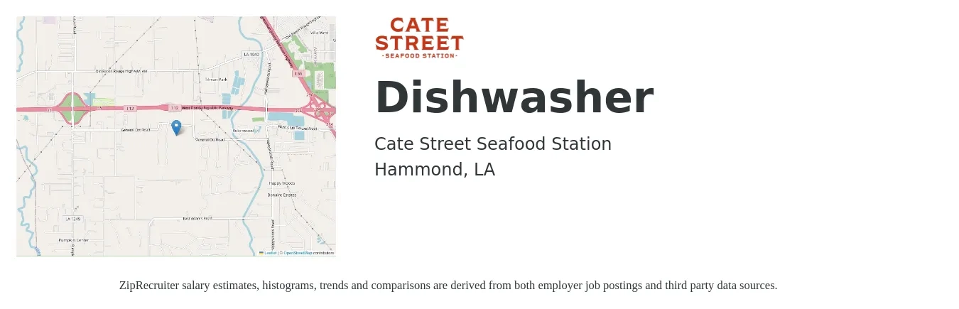 Cate Street Seafood Station job posting for a Dishwasher in Hammond, LA with a salary of $10 Hourly with a map of Hammond location.